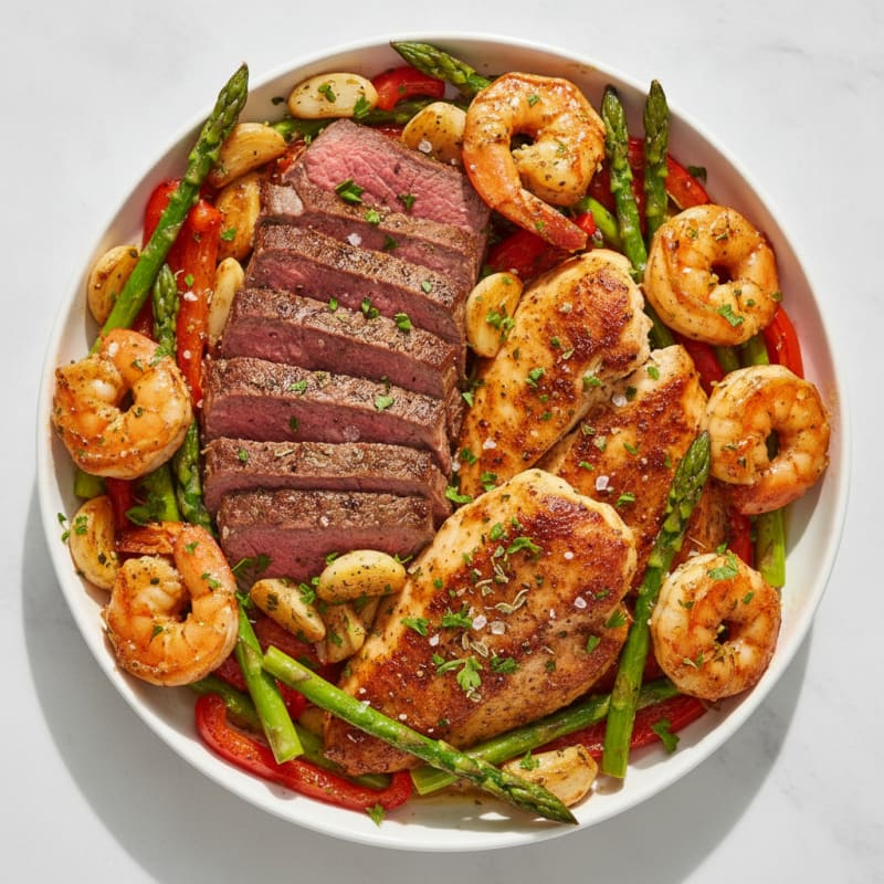 Garlic Herb Roasted Beef, Chicken, and Shrimp