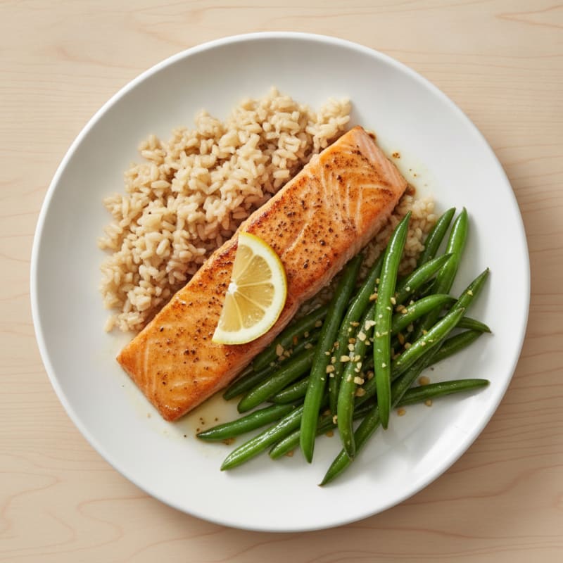 Seared Salmon with Garlic Green Beans and Brown Rice