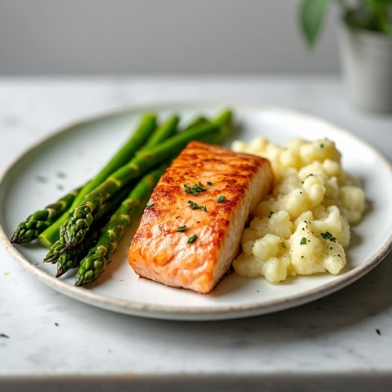 Seared Salmon with Steamed Asparagus and Garlic Cauliflower Mash