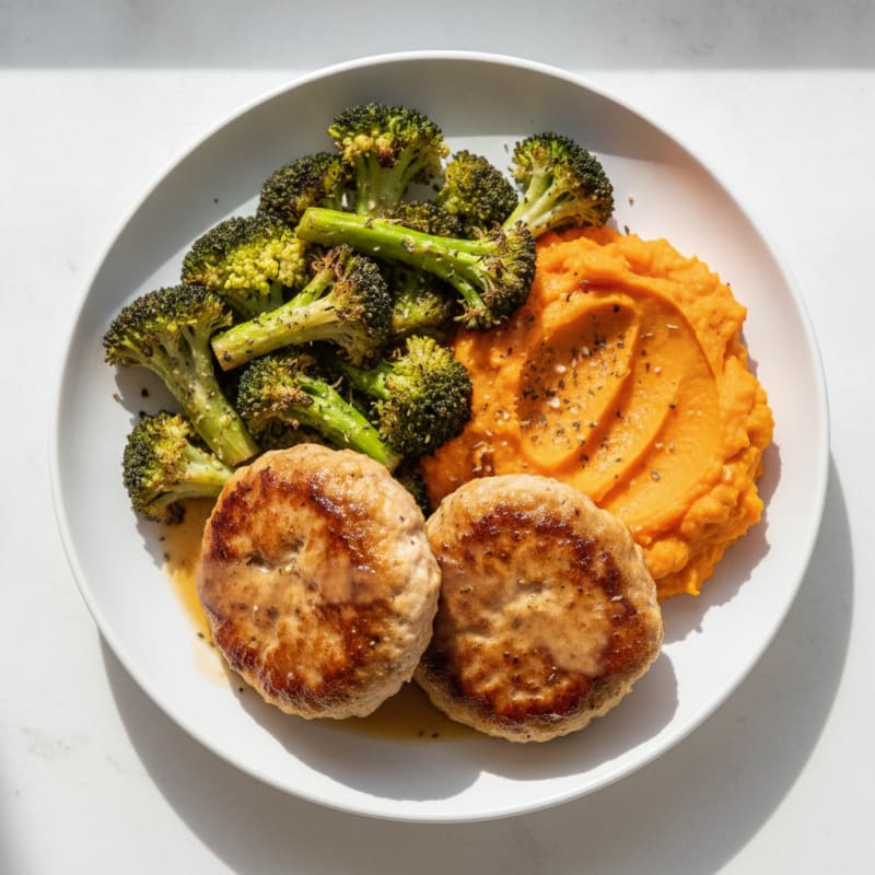 Seared Turkey Patties with Roasted Broccoli and Sweet Potato Mash