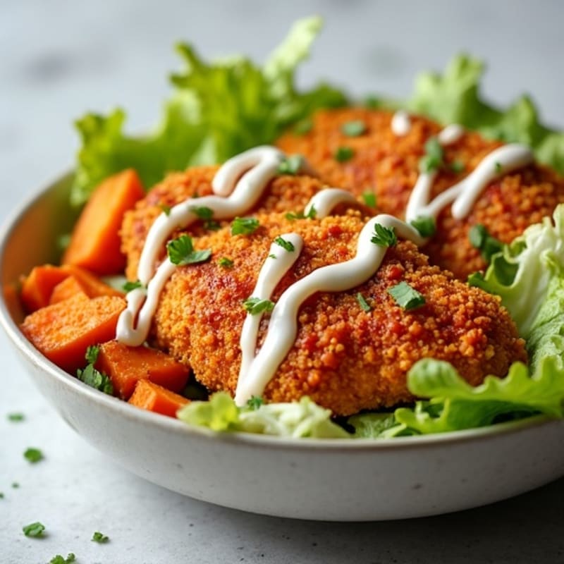 Crispy Buffalo Chicken Bowl with Roasted Sweet Potatoes and Creamy Ranch Drizzle