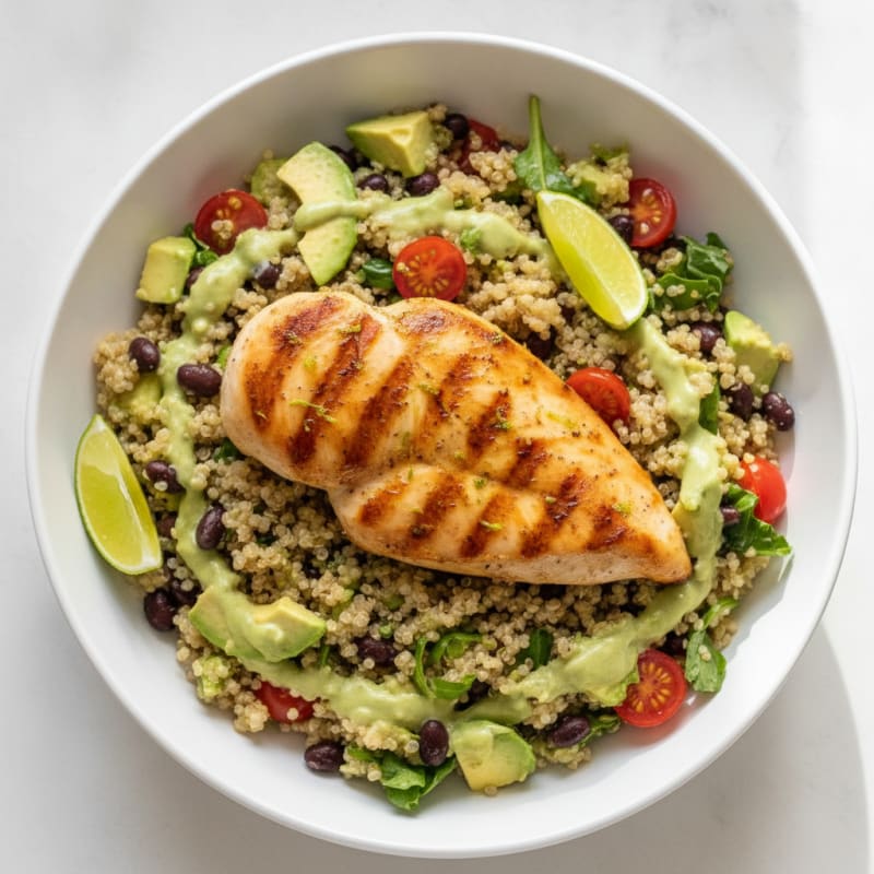 Grilled Chicken Breast with Creamy Avocado Quinoa Salad