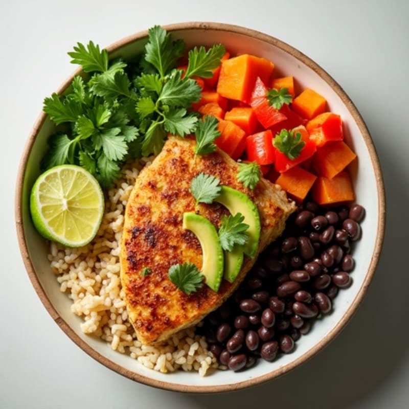 Cilantro-Lime Chicken Burrito Bowl with Roasted Sweet Potato