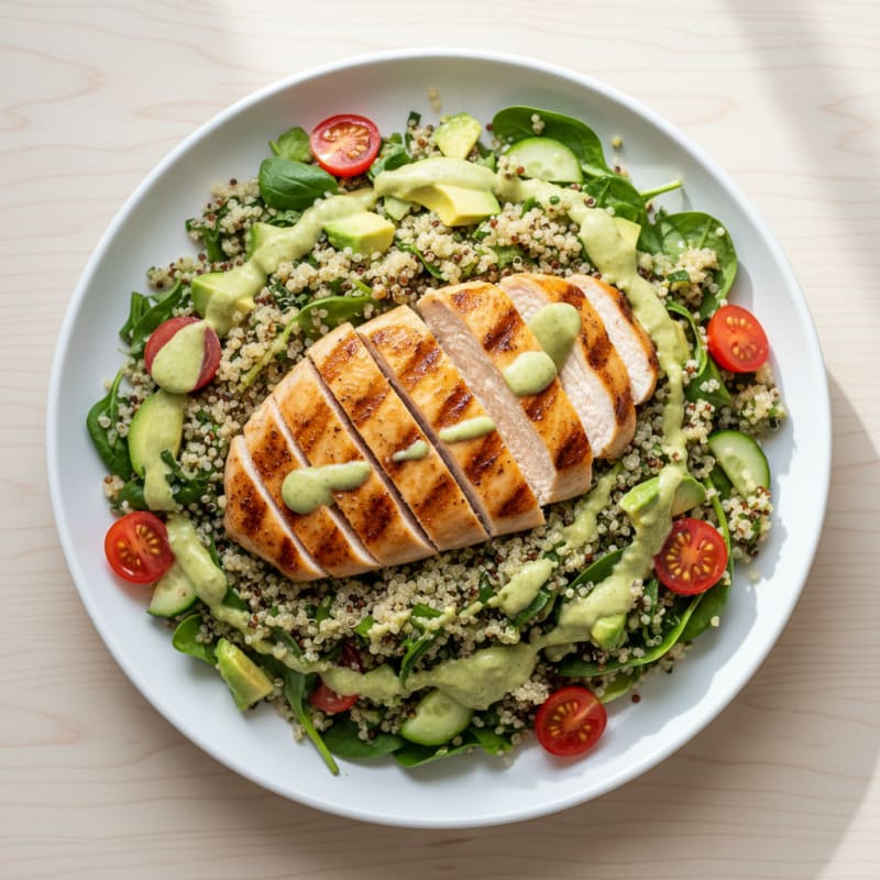 Grilled Chicken Breast with Creamy Avocado Quinoa Salad