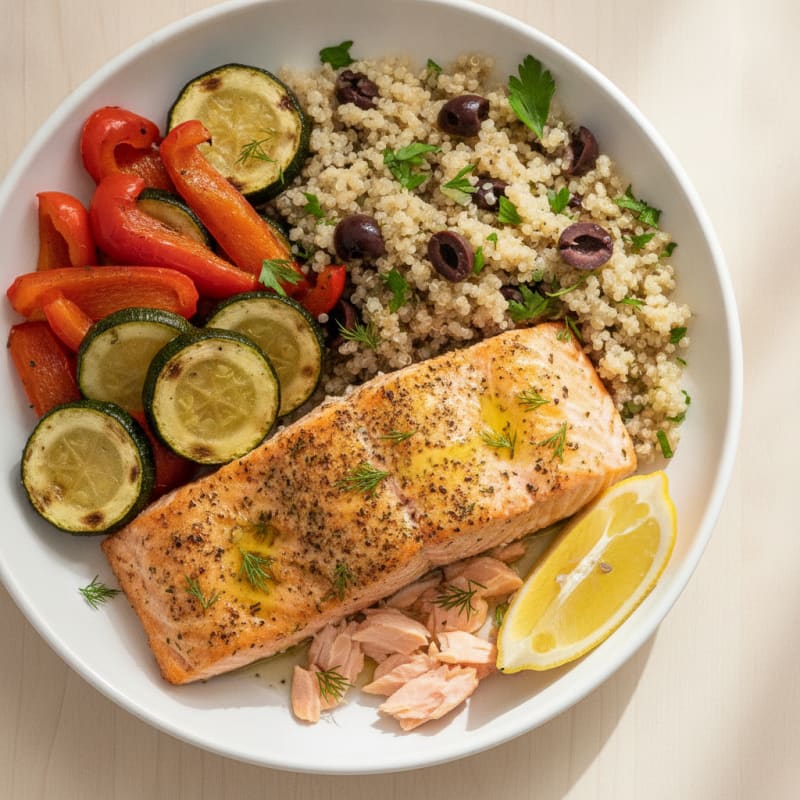 Herb-Roasted Salmon with Olive Quinoa and Roasted Vegetables
