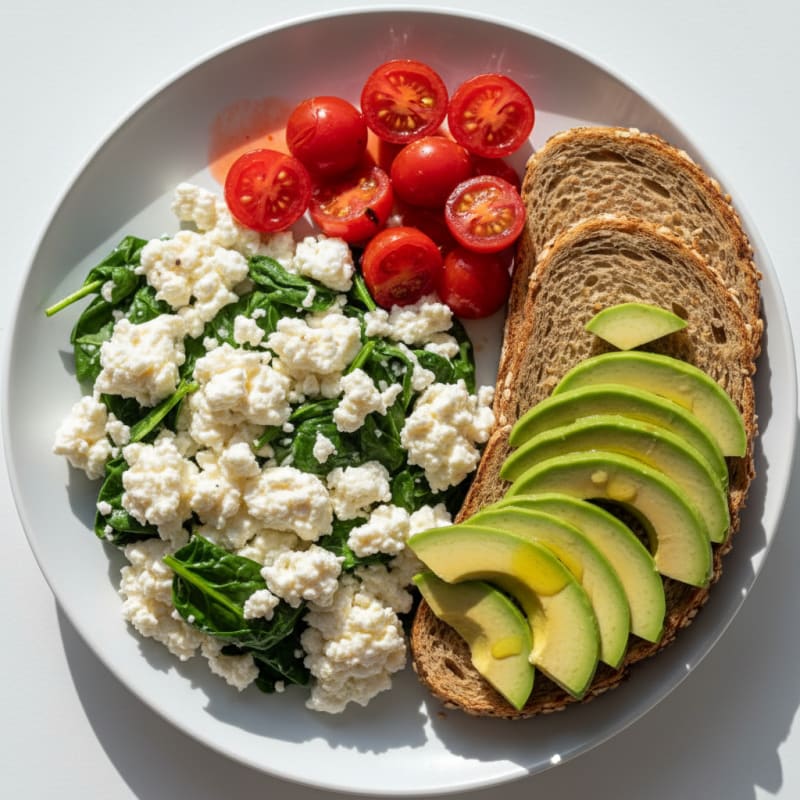 Egg White and Spinach Scramble with Cottage Cheese and Cherry Tomatoes