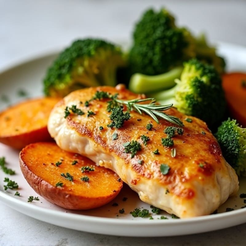 Lemon-Herb Roasted Chicken with Crispy Roasted Broccoli and Sweet Potatoes