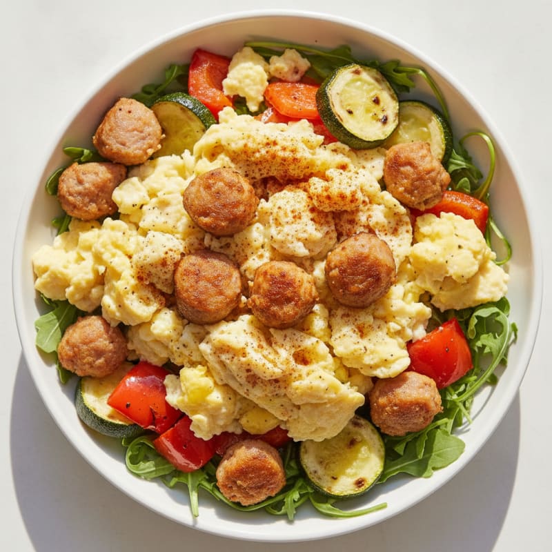 Scrambled Eggs with Roasted Vegetables and Turkey Sausage