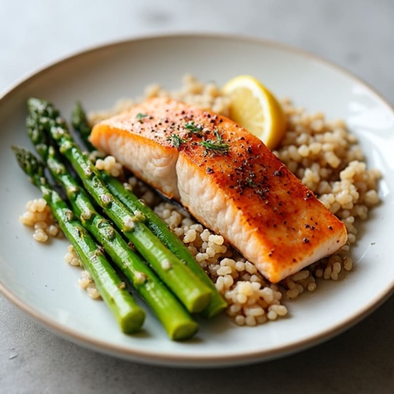 Seared Salmon with Steamed Asparagus and Brown Rice