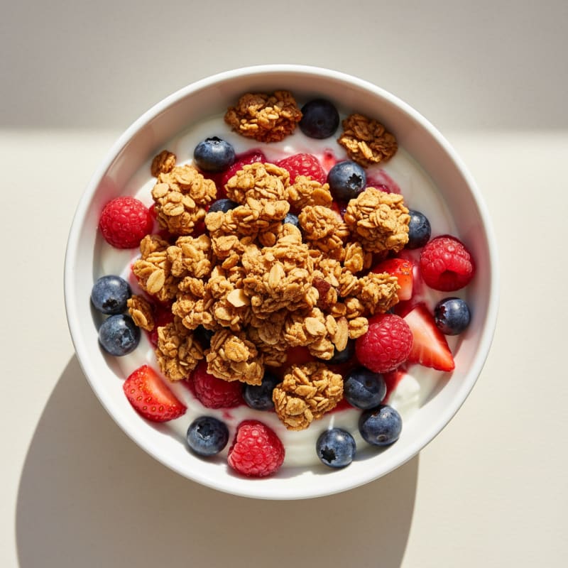 Greek Yogurt Parfait with Crunchy Almond Granola and Mixed Berries