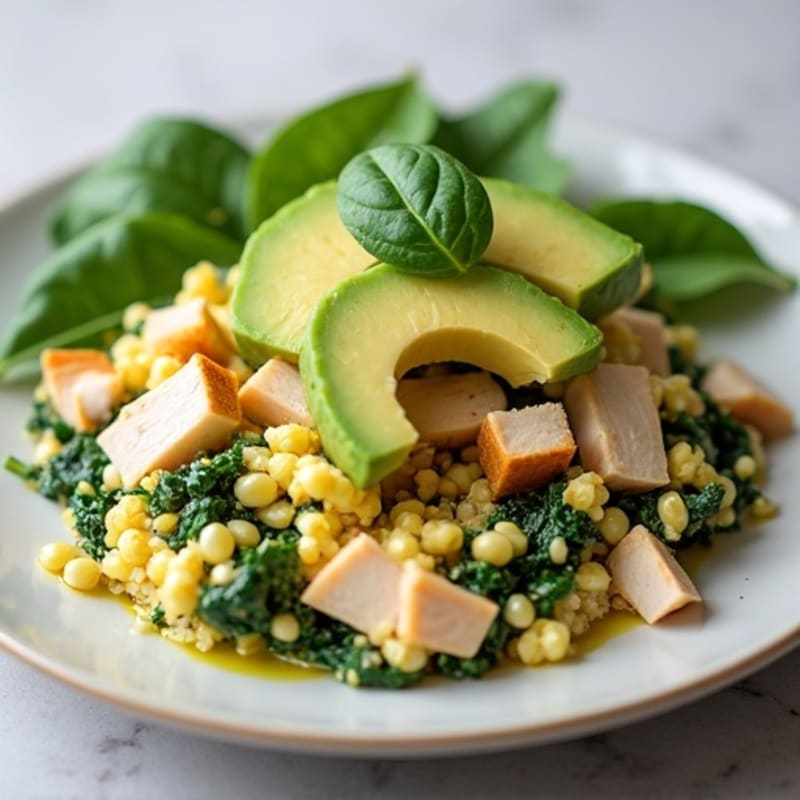 Egg White Spinach Scramble with Cottage Cheese and Sliced Turkey