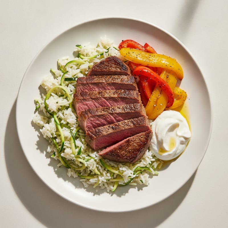 Seared Steak with Zucchini Rice and Roasted Peppers