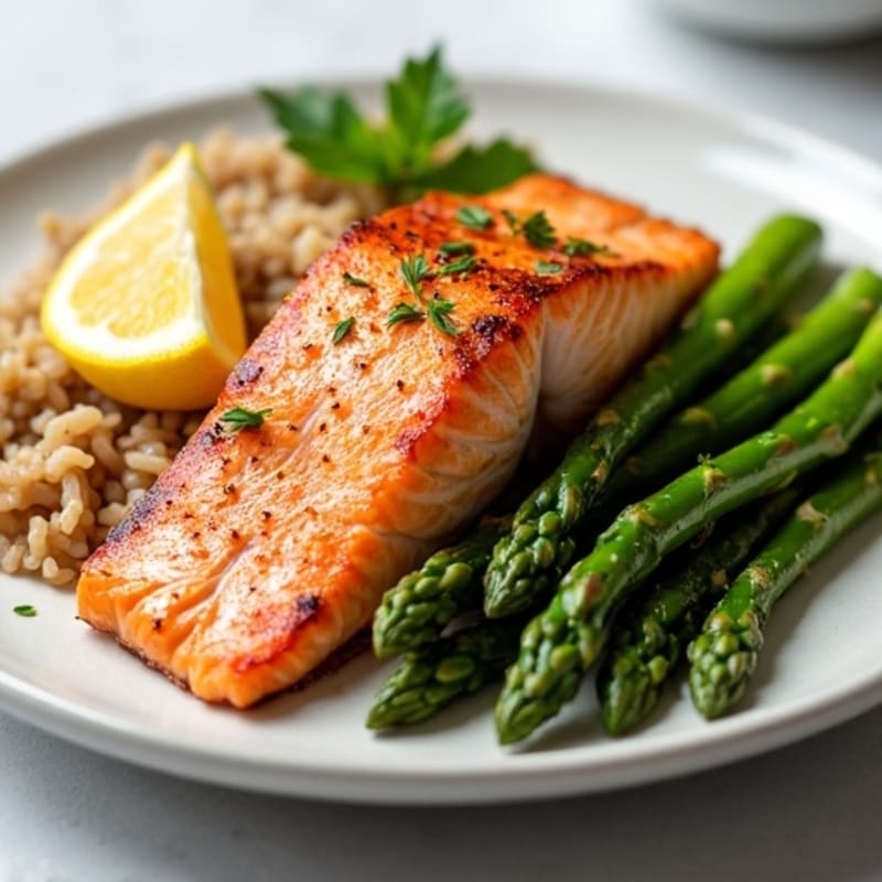 Seared Salmon Fillet with Steamed Asparagus and Brown Rice