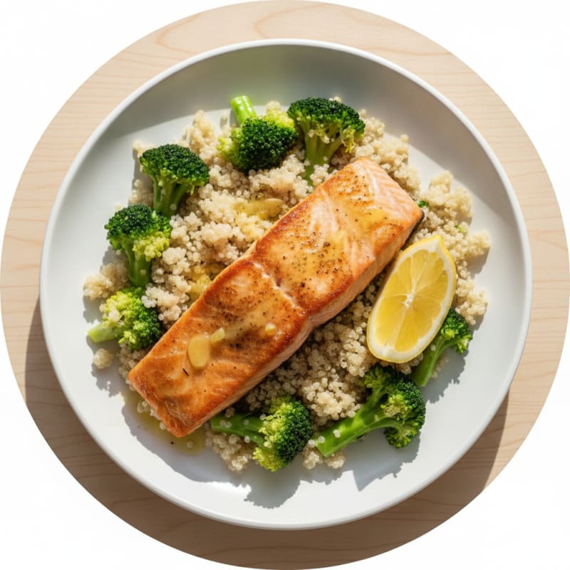 Seared Salmon Fillet with Steamed Broccoli and Quinoa