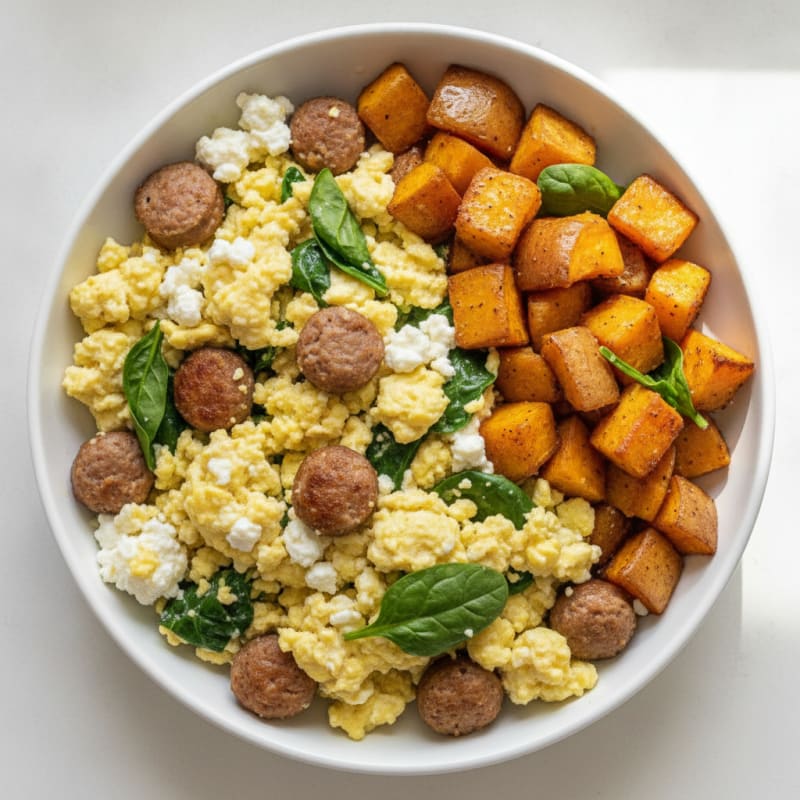 Cottage Cheese Scramble with Turkey Sausage and Roasted Sweet Potatoes