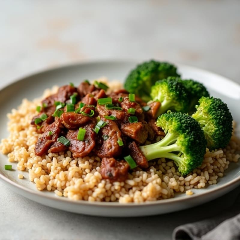Savory Garlic Ginger Beef and Crispy Broccoli with Brown Rice