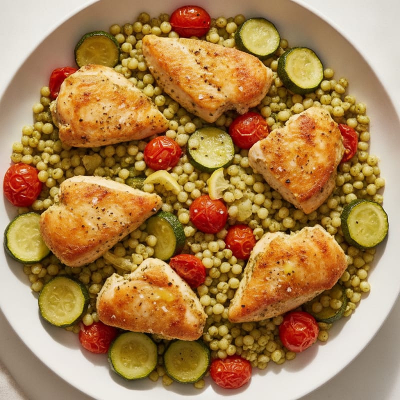 Pesto Chicken and Pearl Couscous Bake