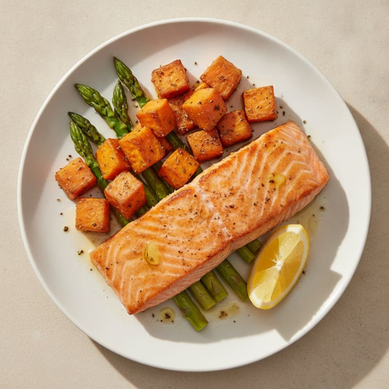 Seared Salmon with Roasted Sweet Potatoes and Asparagus