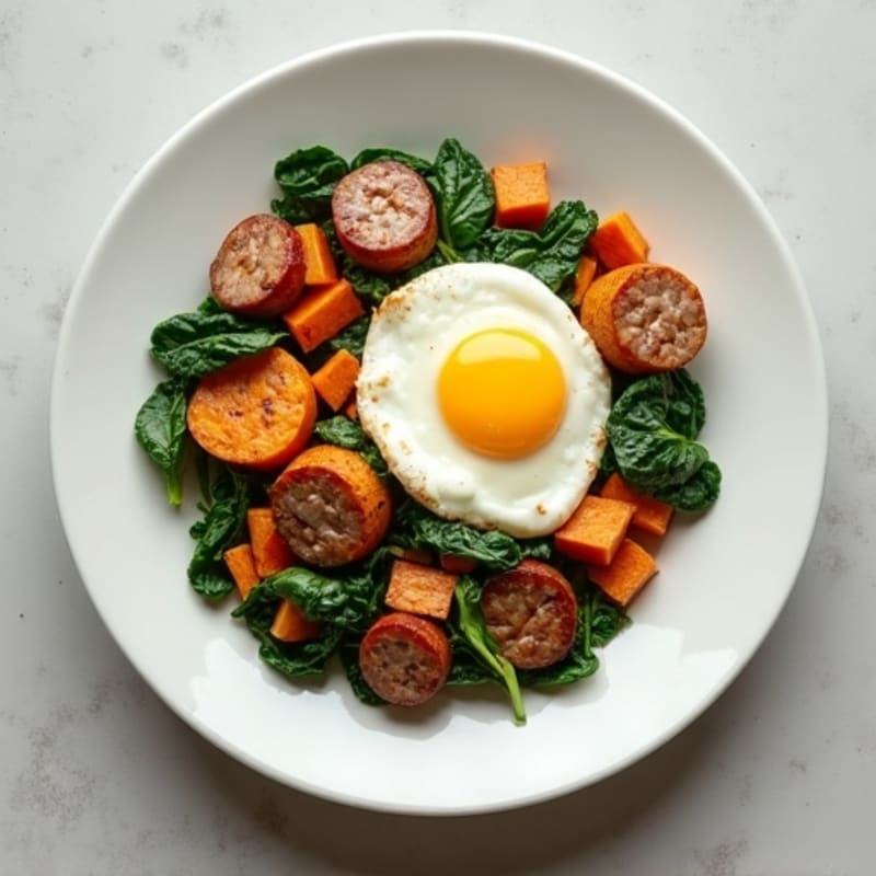 Egg White and Turkey Sausage Scramble with Spinach and Roasted Sweet Potato