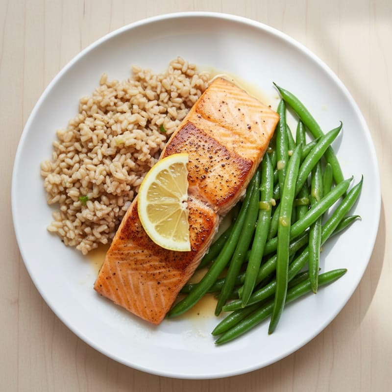 Seared Salmon with Steamed Green Beans and Brown Rice