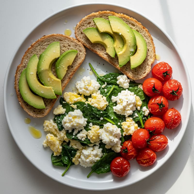 Egg White and Spinach Scramble with Cottage Cheese and Cherry Tomatoes