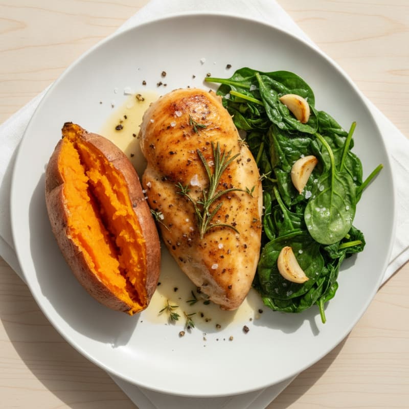 Herb-Roasted Chicken with Baked Sweet Potato and Garlicky Spinach