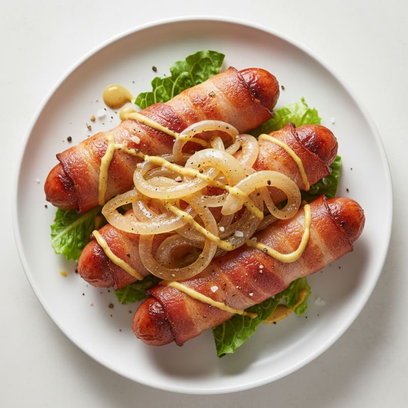 Bacon-Wrapped Hot Dogs with Caramelized Onions
