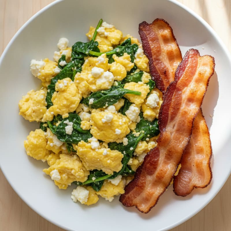 Cottage Cheese Scramble with Spinach and Turkey Bacon