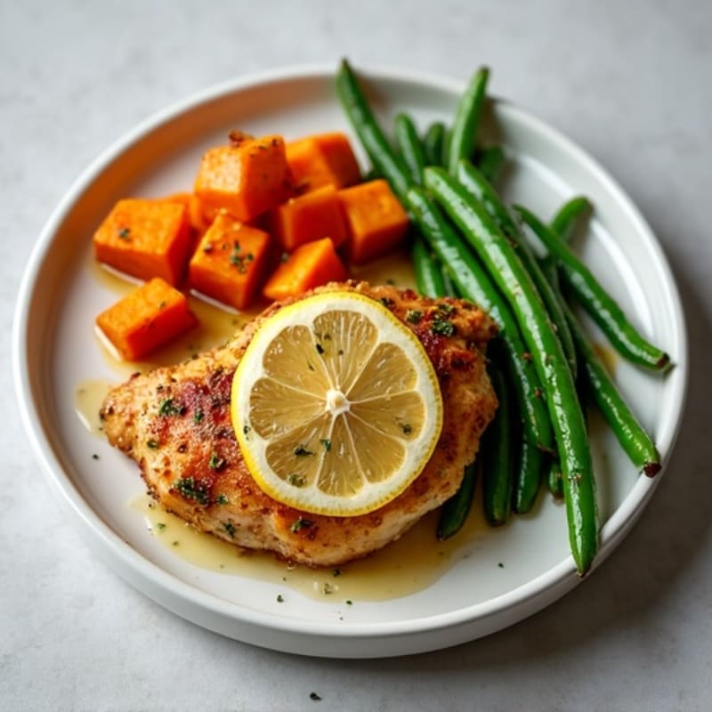 Crispy Lemon-Herb Chicken with Roasted Sweet Potatoes and Green Beans