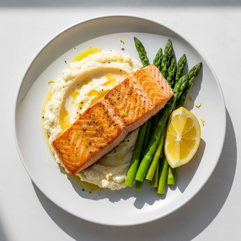 Seared Salmon with Steamed Asparagus and Cauliflower Mash