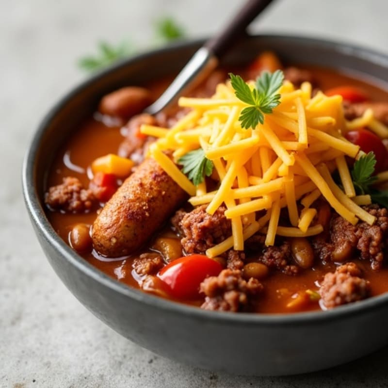 Crispy Chicken Sausage with Hearty Beef Chili and Creamy Cheddar