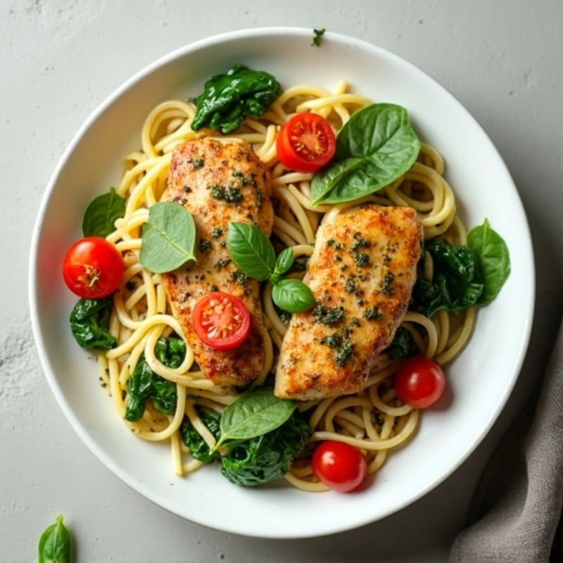Chicken Pesto Pasta with Fresh Spinach and Cherry Tomatoes