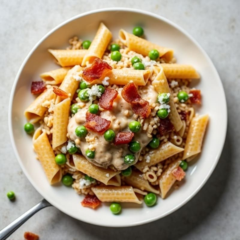 Creamy Whole Wheat Pasta with Crispy Turkey Bacon and Peas