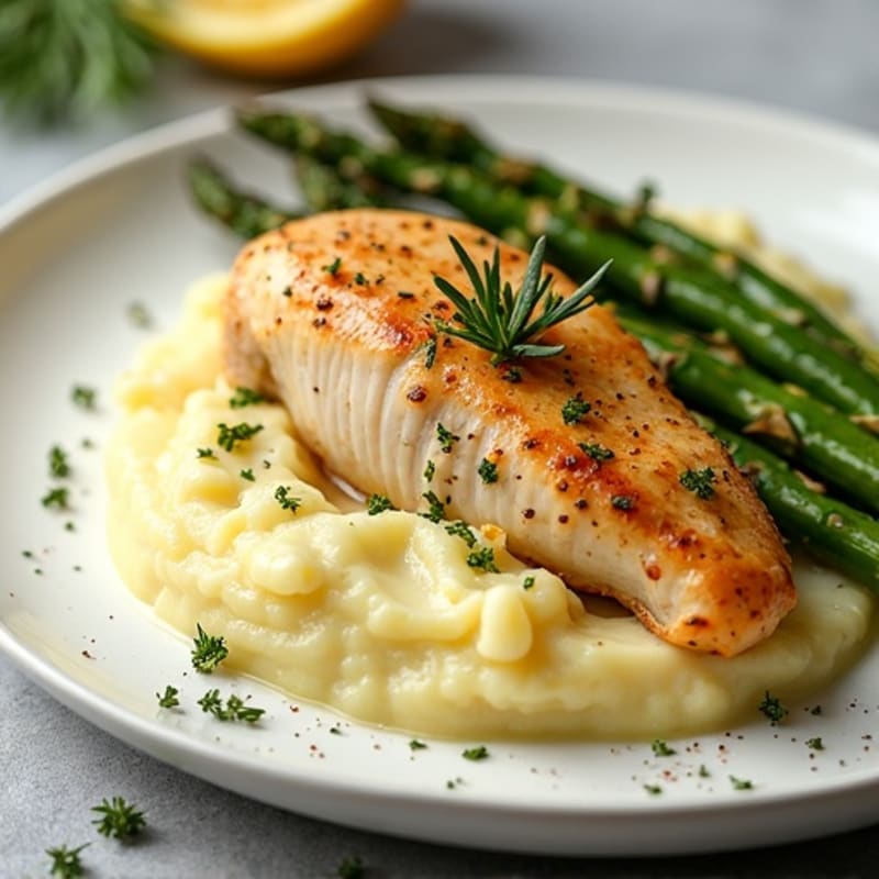 Lemon Herb Roasted Chicken with Creamy Buttery Garlic Mashed Potatoes and Crispy Roasted Asparagus