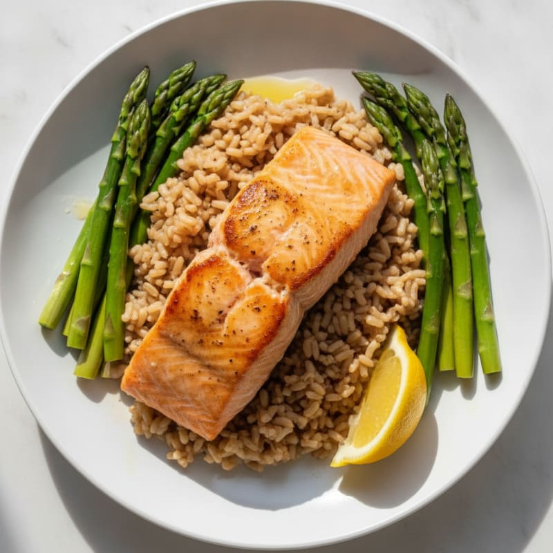 Seared Salmon with Steamed Asparagus and Brown Rice