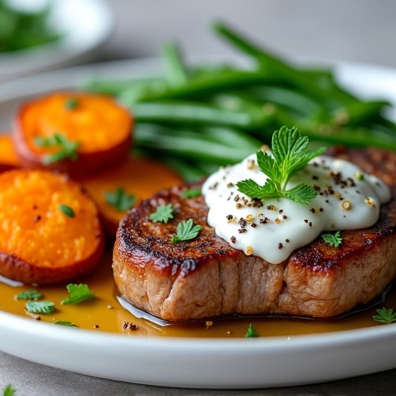 Seared Sirloin Steak with Garlic Green Beans and Roasted Sweet Potato