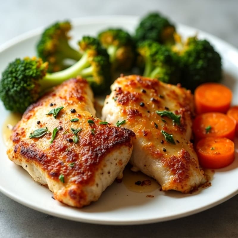Crispy Garlic Roasted Chicken Thighs with Roasted Broccoli and Carrots