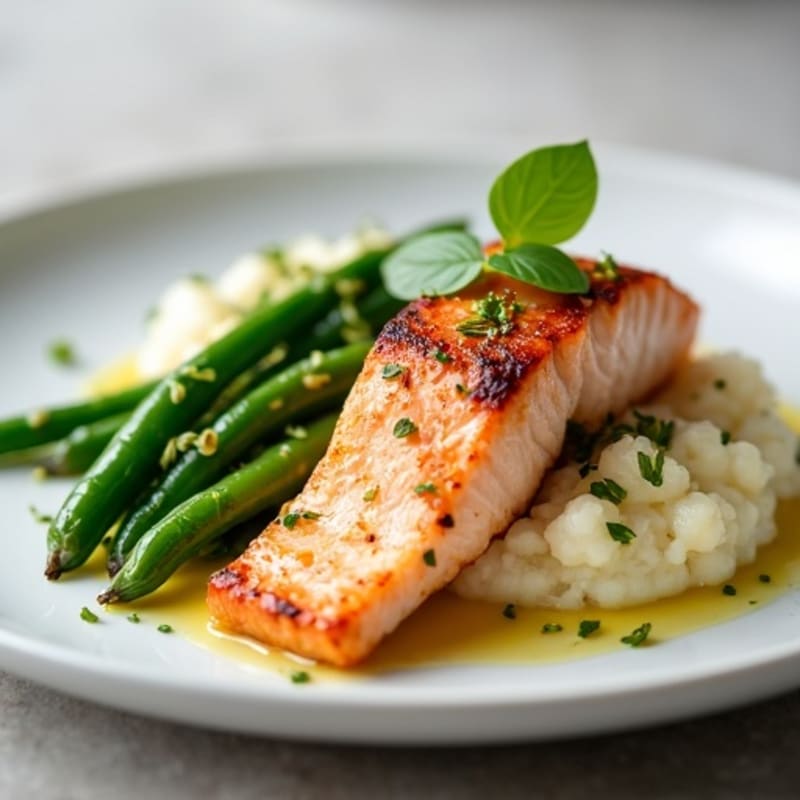 Seared Salmon with Garlic Green Beans and Cauliflower Mash
