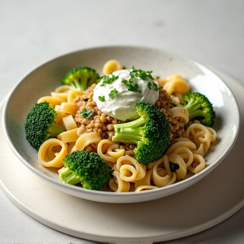 High-Protein Lentil Pasta with Roasted Broccoli and Cottage Cheese Sauce