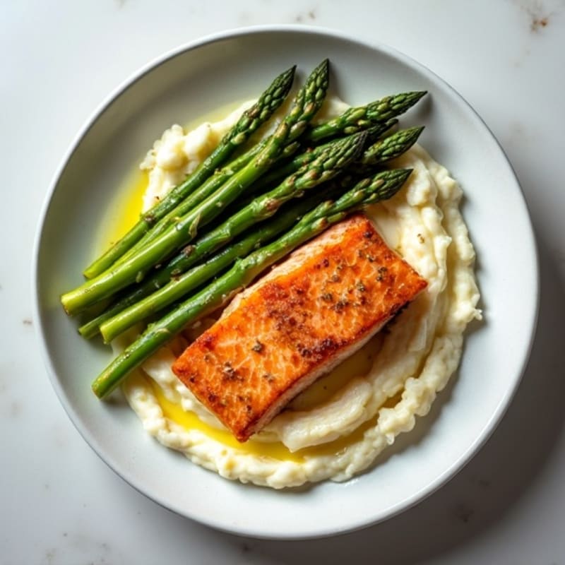 Seared Salmon with Roasted Asparagus and Cauliflower Mash