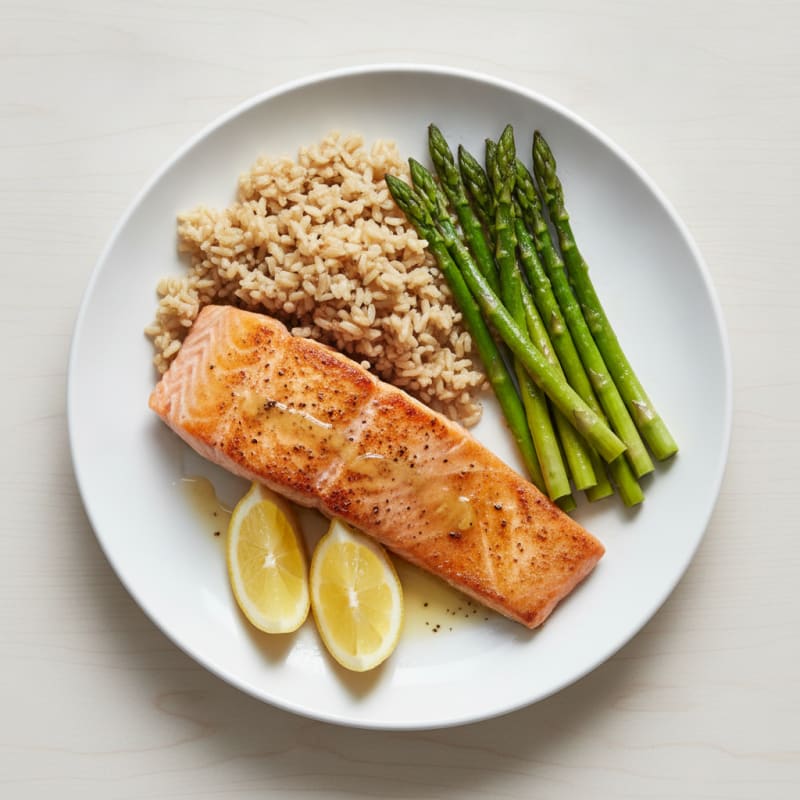 Seared Salmon with Steamed Asparagus and Brown Rice