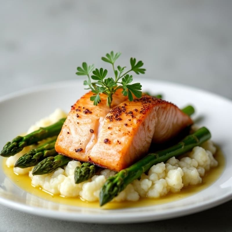Seared Salmon with Steamed Asparagus and Cauliflower Mash