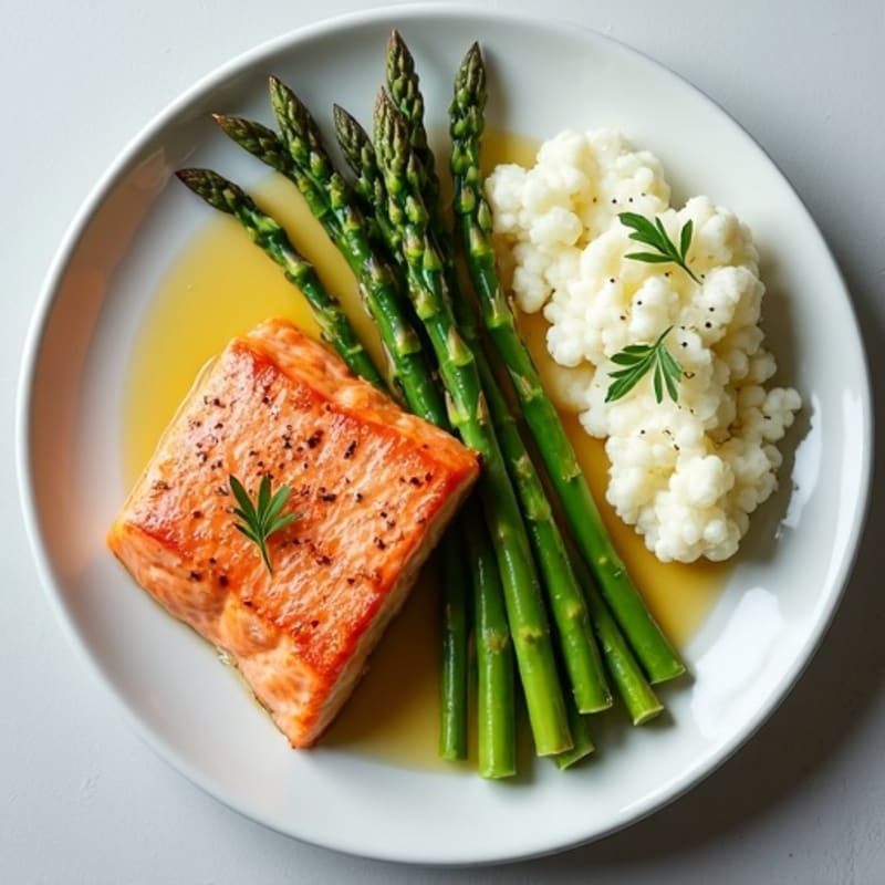 Seared Salmon with Steamed Asparagus and Cauliflower Mash