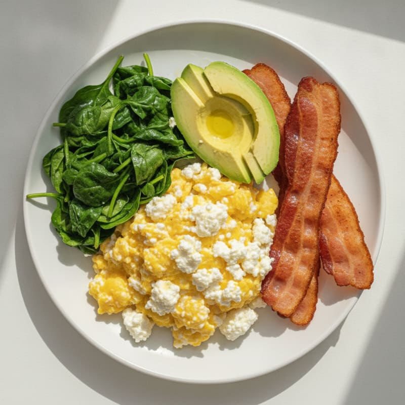 Cottage Cheese and Egg Scramble with Sautéed Spinach and Turkey Bacon