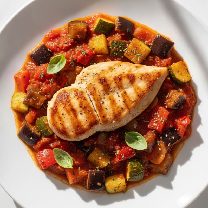Roasted Vegetable Provencal Ratatouille with Pan-Seared Chicken