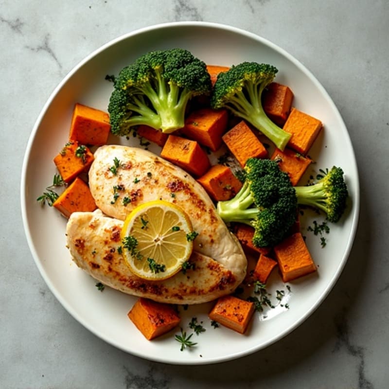Sheet Pan Lemon-Herb Chicken with Roasted Sweet Potatoes and Crispy Broccoli