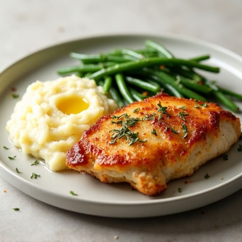 Crispy Pan-Seared Chicken with Creamy Garlic Mashed Potatoes and Roasted Green Beans