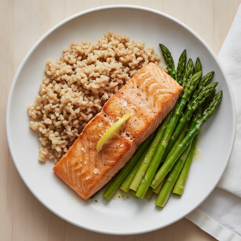 Seared Salmon with Steamed Asparagus and Brown Rice