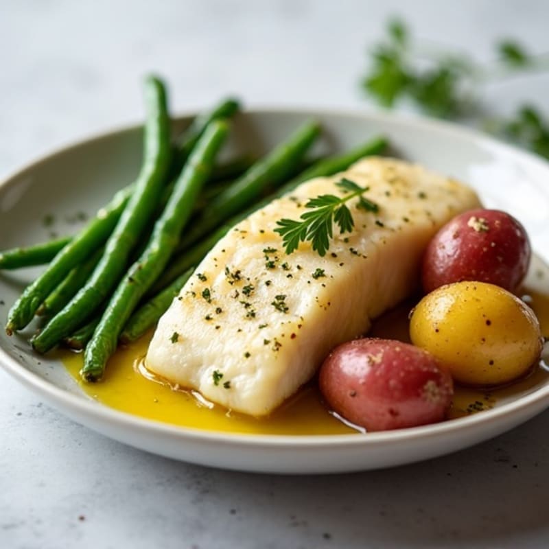 Baked Cod Fillet with Herbed Potatoes and Green Beans