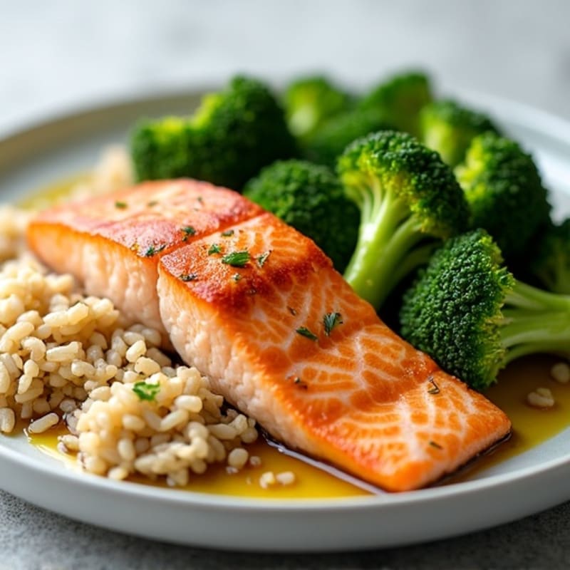 Seared Salmon with Steamed Broccoli and Brown Rice